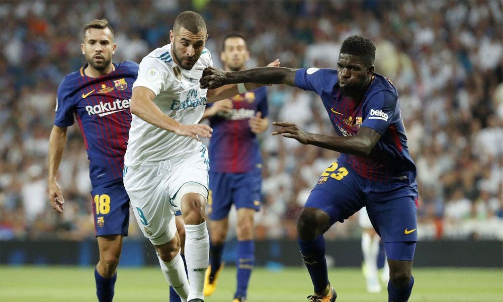 Karim Benzema se zafa de Umtiti y Jordi Alba en el clásico que mide al Real Madrid contra el Barcelona | EFE