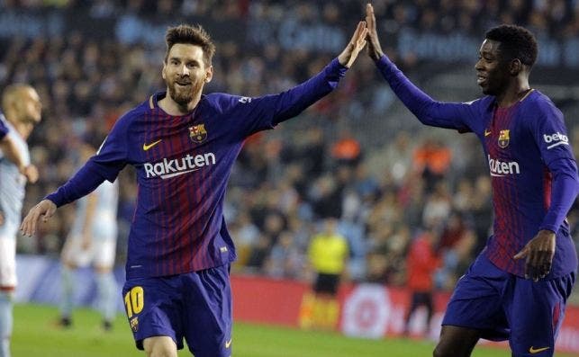 Messi celebra el segundo gol del Barça al Celta junto a Dembelé / EFE