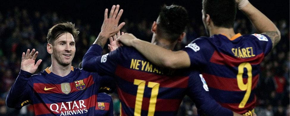 Messi, Neymar y Luis Suárez celebran el cuarto gol frente al Sporting (6-0) | EFE