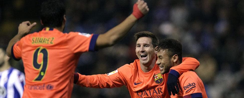 Luis Suárez, Messi y Neymar celebran un gol en la temporada 2014-15 | EFE