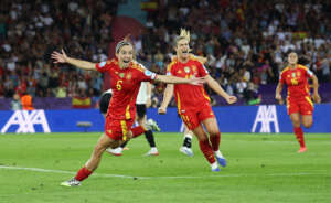 ZURICH, SWITZERLAND – JULY 23: Aitana Bonmati of Spain celebrates scoring her team’s first goal during the UEFA Women’s EURO 2025 Semi-Final match between Germany and Spain at Stadion Letzigrund on July 23, 2025 in Zurich, Switzerland. (Photo by Maja Hitij – UEFA/UEFA via Getty Images)