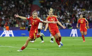 ZURICH, SWITZERLAND – JULY 23: Aitana Bonmati of Spain celebrates scoring her team’s first goal during the UEFA Women’s EURO 2025 Semi-Final match between Germany and Spain at Stadion Letzigrund on July 23, 2025 in Zurich, Switzerland. (Photo by Maja Hitij – UEFA/UEFA via Getty Images)