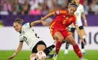 ZURICH, SWITZERLAND – JULY 23: Sophia Kleinherne of Germany and Aitana Bonmati of Spain battle for possession during the UEFA Women’s EURO 2025 Semi-Final match between Germany and Spain at Stadion Letzigrund on July 23, 2025 in Zurich, Switzerland. (Photo by Alex Caparros – UEFA/UEFA via Getty Images)