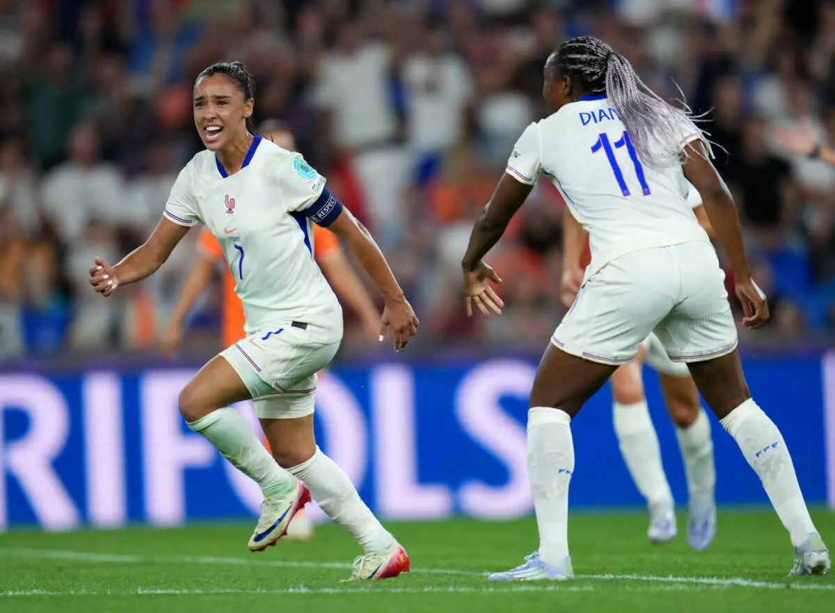 BASEL, SWITZERLAND - JULY 13: Sakina Karchaoui of France celebrates scoring her team's fifth goal from the penalty spot during the UEFA Women's EURO 2025 Group D match between Netherlands and France at St. Jakob-Park on July 13, 2025 in Basel, Switzerland. (Photo by Aitor Alcalde - UEFA/UEFA via Getty Images)