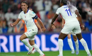 BASEL, SWITZERLAND - JULY 13: Sakina Karchaoui of France celebrates scoring her team's fifth goal from the penalty spot during the UEFA Women's EURO 2025 Group D match between Netherlands and France at St. Jakob-Park on July 13, 2025 in Basel, Switzerland. (Photo by Aitor Alcalde - UEFA/UEFA via Getty Images)