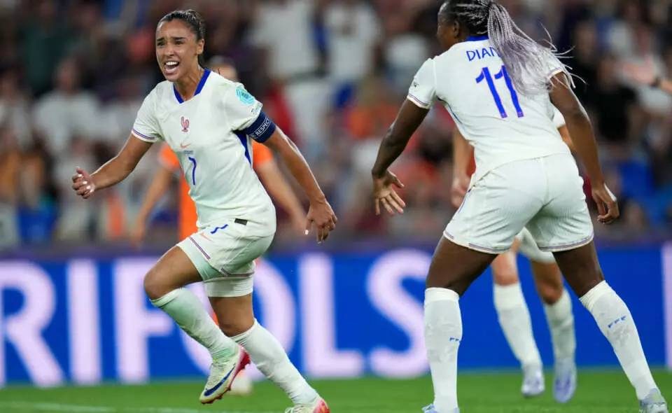 BASEL, SWITZERLAND - JULY 13: Sakina Karchaoui of France celebrates scoring her team's fifth goal from the penalty spot during the UEFA Women's EURO 2025 Group D match between Netherlands and France at St. Jakob-Park on July 13, 2025 in Basel, Switzerland. (Photo by Aitor Alcalde - UEFA/UEFA via Getty Images)