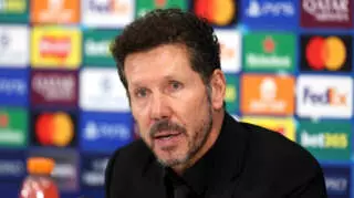 LIVERPOOL, ENGLAND - SEPTEMBER 17: Diego Simeone, Head Coach of Atletico de Madrid, speaks to the media in a post match press conference after the UEFA Champions League 2025/26 League Phase MD1 match between Liverpool FC and Atletico de Madrid at Anfield on September 17, 2025 in Liverpool, England. (Photo by Michael Regan - UEFA/UEFA via Getty Images)