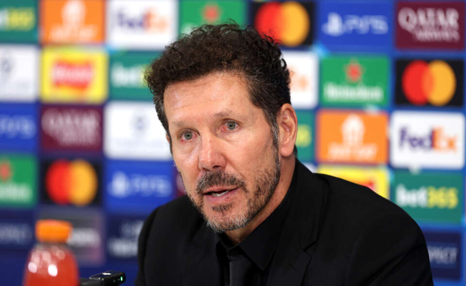 LIVERPOOL, ENGLAND - SEPTEMBER 17: Diego Simeone, Head Coach of Atletico de Madrid, speaks to the media in a post match press conference after the UEFA Champions League 2025/26 League Phase MD1 match between Liverpool FC and Atletico de Madrid at Anfield on September 17, 2025 in Liverpool, England. (Photo by Michael Regan - UEFA/UEFA via Getty Images)