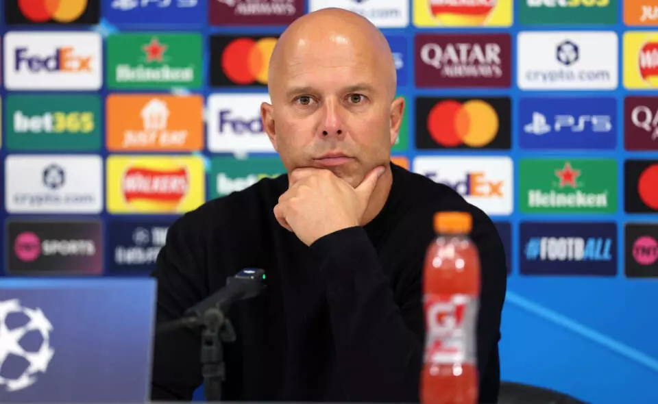 LIVERPOOL, ENGLAND - SEPTEMBER 17: Arne Slot, Manager of Liverpool, speaks to the media in a post match press conference after the UEFA Champions League 2025/26 League Phase MD1 match between Liverpool FC and Atletico de Madrid at Anfield on September 17, 2025 in Liverpool, England. (Photo by Michael Regan - UEFA/UEFA via Getty Images)