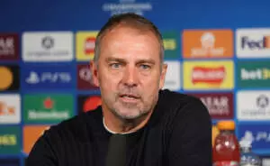 NEWCASTLE UPON TYNE, ENGLAND - SEPTEMBER 18: Hansi Flick, Head Coach of FC Barcelona, speaks to the media in a post match press conference following the UEFA Champions League 2025/26 League Phase MD1 match between Newcastle United FC and FC Barcelona at St James' Park on September 18, 2025 in Newcastle upon Tyne, England. (Photo by Michael Regan - UEFA/UEFA via Getty Images)