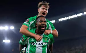 SEVILLE, SPAIN - SEPTEMBER 24: Cedric Bakambu of Real Betis celebrates after scoring his team's first goal during the UEFA Europa League 2025/26 League Phase MD1 match between Real Betis Balompie and Nottingham Forest FC at La Cartuja de Sevilla on September 24, 2025 in Seville, Spain. (Photo by Fran Santiago - UEFA/UEFA via Getty Images)