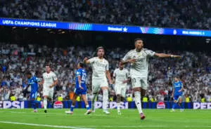 MADRID, SPAIN - SEPTEMBER 16: Kylian Mbappe of Real Madrid celebrates scoring his team's second goal from the penalty spot during the UEFA Champions League 2025/26 League Phase MD1 match between Real Madrid C.F. and Olympique de Marseille at Estadio Santiago Bernabeu on September 16, 2025 in Madrid, Spain. (Photo by Aitor Alcalde - UEFA/UEFA via Getty Images)