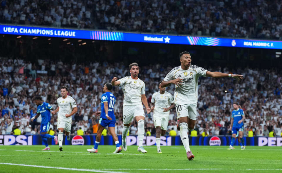 MADRID, SPAIN - SEPTEMBER 16: Kylian Mbappe of Real Madrid celebrates scoring his team's second goal from the penalty spot during the UEFA Champions League 2025/26 League Phase MD1 match between Real Madrid C.F. and Olympique de Marseille at Estadio Santiago Bernabeu on September 16, 2025 in Madrid, Spain. (Photo by Aitor Alcalde - UEFA/UEFA via Getty Images)