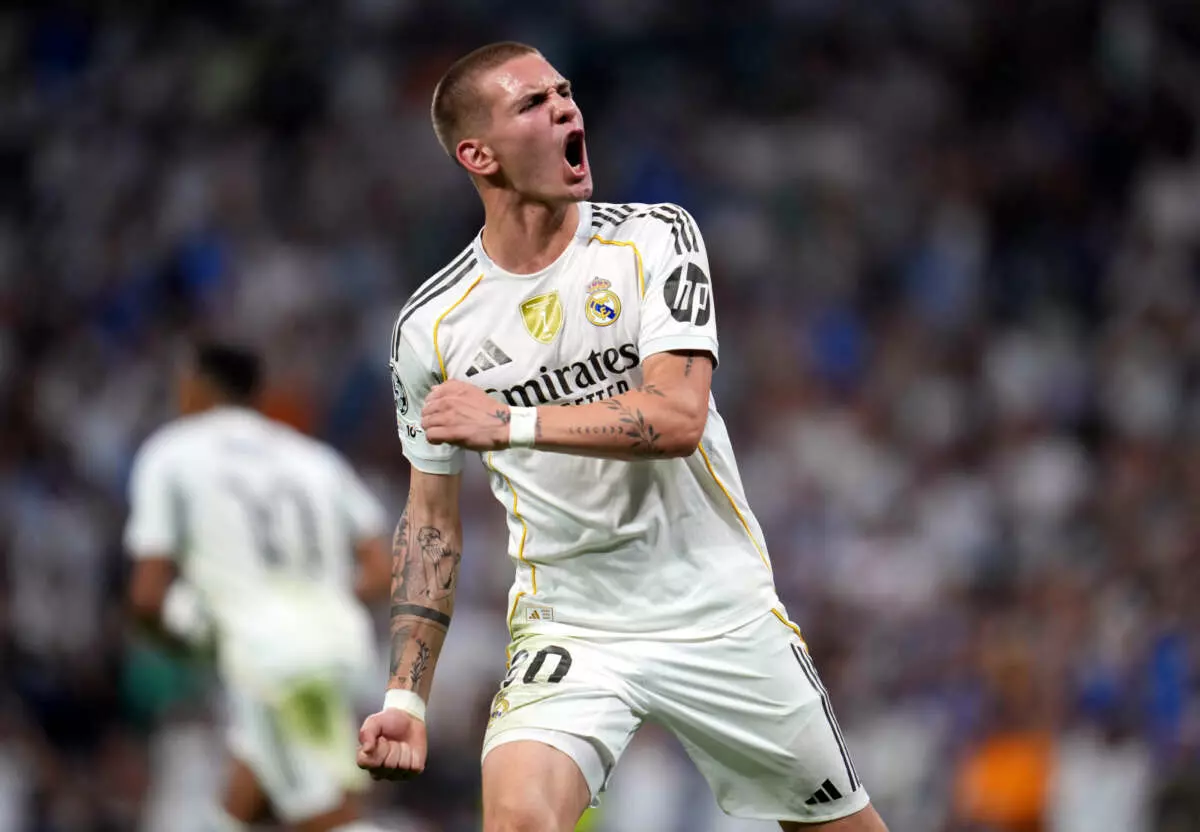 MADRID, SPAIN - SEPTEMBER 16: Franco Mastantuono of Real Madrid celebrates his side's first goal scored by Kylian Mbappe (not pictured) during the UEFA Champions League 2025/26 League Phase MD1 match between Real Madrid C.F. and Olympique de Marseille at Estadio Santiago Bernabeu on September 16, 2025 in Madrid, Spain. (Photo by Aitor Alcalde - UEFA/UEFA via Getty Images)
