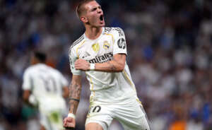 MADRID, SPAIN - SEPTEMBER 16: Franco Mastantuono of Real Madrid celebrates his side's first goal scored by Kylian Mbappe (not pictured) during the UEFA Champions League 2025/26 League Phase MD1 match between Real Madrid C.F. and Olympique de Marseille at Estadio Santiago Bernabeu on September 16, 2025 in Madrid, Spain. (Photo by Aitor Alcalde - UEFA/UEFA via Getty Images)