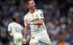 MADRID, SPAIN - SEPTEMBER 16: Franco Mastantuono of Real Madrid celebrates his side's first goal scored by Kylian Mbappe (not pictured) during the UEFA Champions League 2025/26 League Phase MD1 match between Real Madrid C.F. and Olympique de Marseille at Estadio Santiago Bernabeu on September 16, 2025 in Madrid, Spain. (Photo by Aitor Alcalde - UEFA/UEFA via Getty Images)