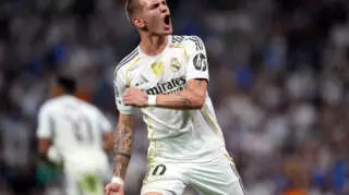 MADRID, SPAIN - SEPTEMBER 16: Franco Mastantuono of Real Madrid celebrates his side's first goal scored by Kylian Mbappe (not pictured) during the UEFA Champions League 2025/26 League Phase MD1 match between Real Madrid C.F. and Olympique de Marseille at Estadio Santiago Bernabeu on September 16, 2025 in Madrid, Spain. (Photo by Aitor Alcalde - UEFA/UEFA via Getty Images)