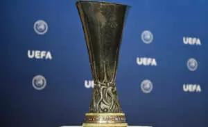 NYON, SWITZERLAND - JULY 21: A view of the UEFA Europa League trophy ahead of the UEFA Europa League 2025/26 Third Qualifying Round Draw at the UEFA Headquarters, the House of the European Football, on July 21, 2025, in Nyon, Switzerland. (Photo by Kristian Skeie - UEFA/UEFA via Getty Images)