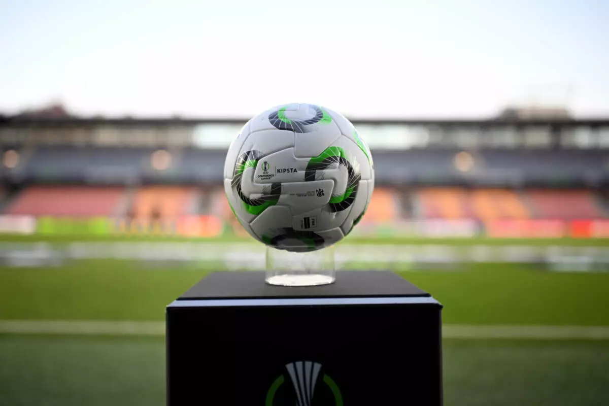 PRAGUE, CZECH REPUBLIC - OCTOBER 02: A detailed view of the UEFA Conference League ball prior to the UEFA Conference League 2025/26 League Phase MD1 match between AC Sparta Praha and Shamrock Rovers FC at Letna Stadium on October 02, 2025 in Prague, Czech Republic. (Photo by Thomas Eisenhuth - UEFA/UEFA via Getty Images)