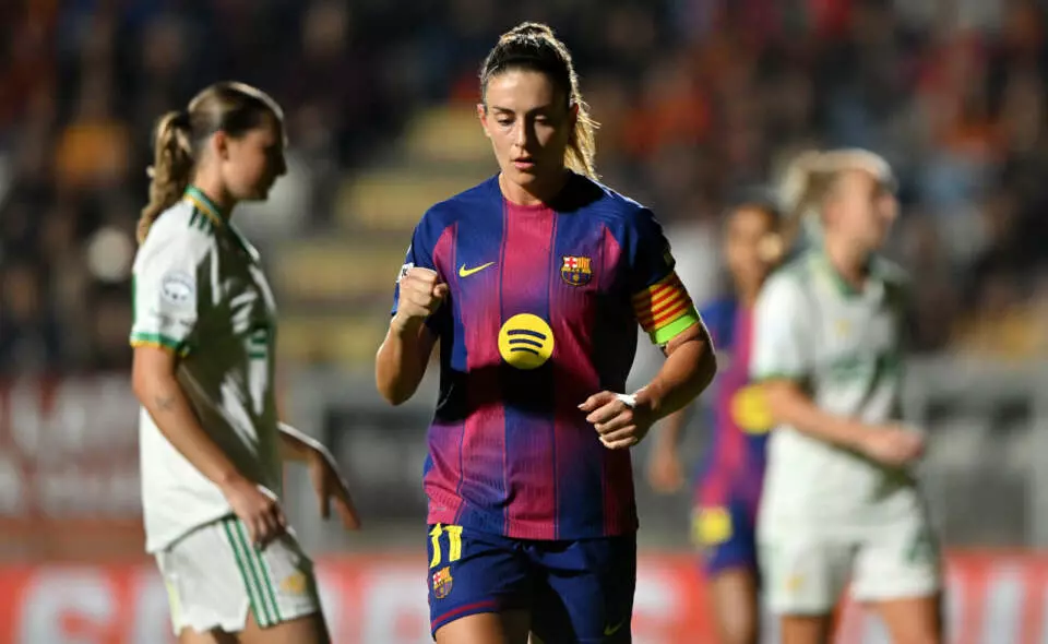 ROME, ITALY - OCTOBER 15: Alexia Putellas of FC Barcelona celebrates scoring her team's third goal from the penalty-spot during the UEFA Women's Champions League 2025/26 league phase match between AS Roma and FC Barcelona at Stadio Tre Fontane on October 15, 2025 in Rome, Italy. (Photo by Chris Ricco - UEFA/UEFA via Getty Images)