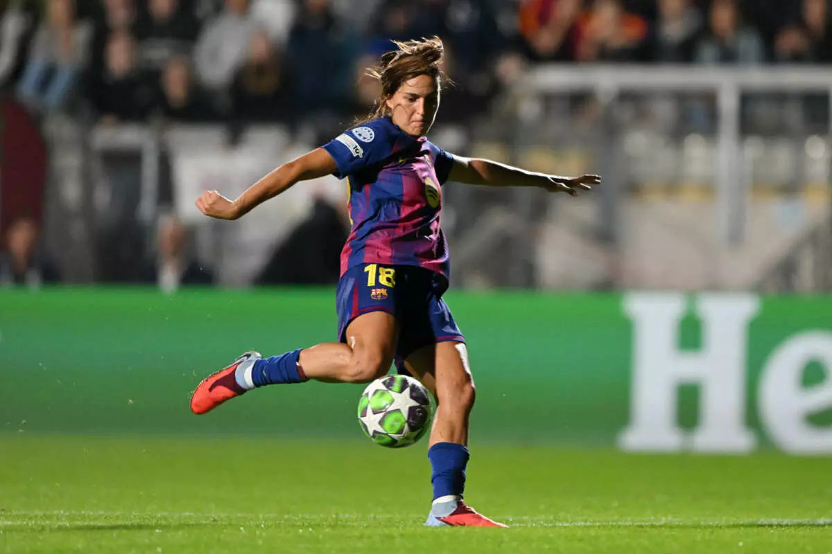 ROME, ITALY - OCTOBER 15: Kika Nazareth of FC Barcelona scores her team's second goal during the UEFA Women's Champions League 2025/26 league phase match between AS Roma and FC Barcelona at Stadio Tre Fontane on October 15, 2025 in Rome, Italy. (Photo by Chris Ricco - UEFA/UEFA via Getty Images)
