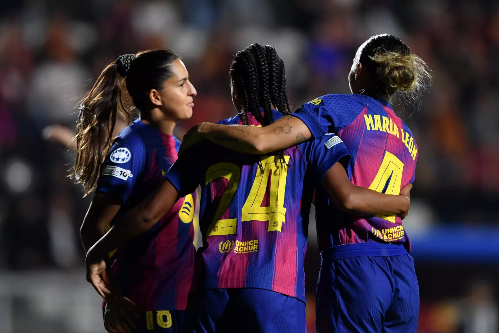 ROME, ITALY - OCTOBER 15: Esmee Brugts of FC Barcelona celebrates with teammates after scoring her team's first goal during the UEFA Women's Champions League 2025/26 league phase match between AS Roma and FC Barcelona at Stadio Tre Fontane on October 15, 2025 in Rome, Italy. (Photo by Chris Ricco - UEFA/UEFA via Getty Images)