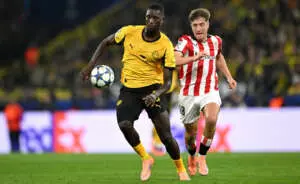 DORTMUND, GERMANY - OCTOBER 01: Serhou Guirassy of Borussia Dortmund controls the ball whilst under pressure from Mikel Jauregizar of Athletic Club during the UEFA Champions League 2025/26 League Phase MD2 match between Borussia Dortmund and Athletic Club at BVB Stadion Dortmund on October 01, 2025 in Dortmund, Germany. (Photo by Teresa Kröger - UEFA/UEFA via Getty Images)