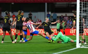 MADRID, SPAIN - OCTOBER 16: Phallon Tullis-Joyce of Manchester United makes a save during the UEFA Women's Champions League 2025/26 league phase match between Club Atletico de Madrid and Manchester United Women at on October 16, 2025 in Madrid, Spain. (Photo by Angel Martinez - UEFA/UEFA via Getty Images)