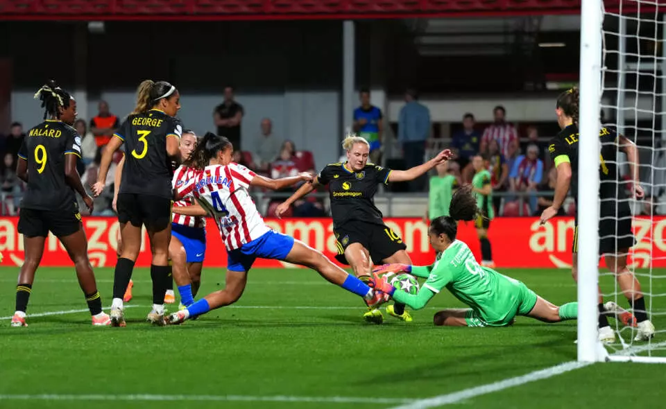 MADRID, SPAIN - OCTOBER 16: Phallon Tullis-Joyce of Manchester United makes a save during the UEFA Women's Champions League 2025/26 league phase match between Club Atletico de Madrid and Manchester United Women at on October 16, 2025 in Madrid, Spain. (Photo by Angel Martinez - UEFA/UEFA via Getty Images)