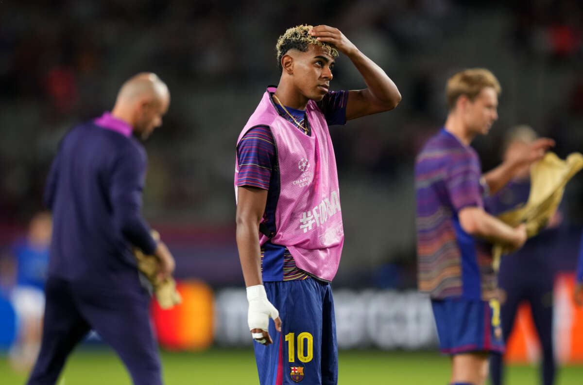 BARCELONA, SPAIN - OCTOBER 01: Lamine Yamal of FC Barcelona looks on during the warm up prior to the UEFA Champions League 2025/26 League Phase MD2 match between FC Barcelona and Paris Saint-Germain at Estadi Olimpic Lluis Companys on October 01, 2025 in Barcelona, Spain. (Photo by Alex Caparros - UEFA/UEFA via Getty Images)