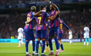 BARCELONA, SPAIN - OCTOBER 01: Ferran Torres of FC Barcelona celebrates with teammates after scoring his team's first goal during the UEFA Champions League 2025/26 League Phase MD2 match between FC Barcelona and Paris Saint-Germain at Estadi Olimpic Lluis Companys on October 01, 2025 in Barcelona, Spain. (Photo by Alex Caparros - UEFA/UEFA via Getty Images)