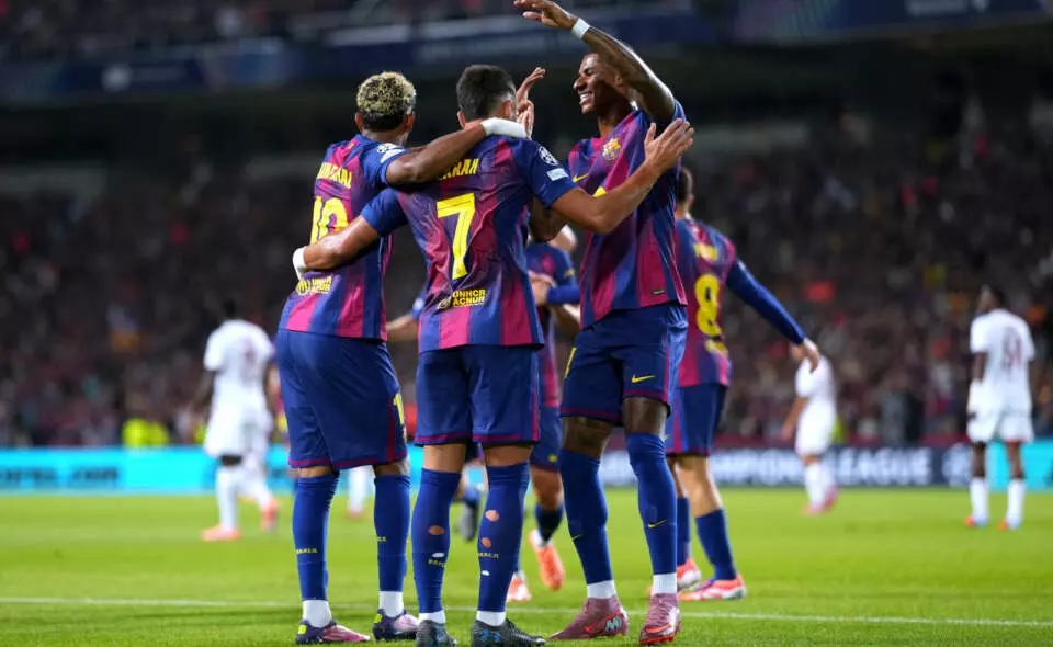 BARCELONA, SPAIN - OCTOBER 01: Ferran Torres of FC Barcelona celebrates with teammates after scoring his team's first goal during the UEFA Champions League 2025/26 League Phase MD2 match between FC Barcelona and Paris Saint-Germain at Estadi Olimpic Lluis Companys on October 01, 2025 in Barcelona, Spain. (Photo by Alex Caparros - UEFA/UEFA via Getty Images)