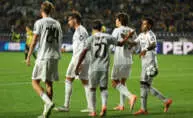 ALMATY, KAZAKHSTAN - SEPTEMBER 30: Brahim Diaz of Real Madrid celebrates scoring his team's fifth goal with teammates during the UEFA Champions League 2025/26 League Phase MD2 match between FC Kairat Almaty and Real Madrid C.F. at Almaty Ortalyk Stadion on September 30, 2025 in Almaty, Kazakhstan. (Photo by Neville Hopwood - UEFA/UEFA via Getty Images)