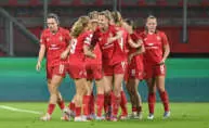 HENGELO, NETHERLANDS - OCTOBER 08: The FC Twente team celebrate their sides first goal during the UEFA Women's Champions League 2025/26 league phase match between FC Twente and Chelsea FC Women at De Grolsch Veste on October 08, 2025 in Hengelo, Netherlands. (Photo by Teresa Kröger - UEFA/UEFA via Getty Images)