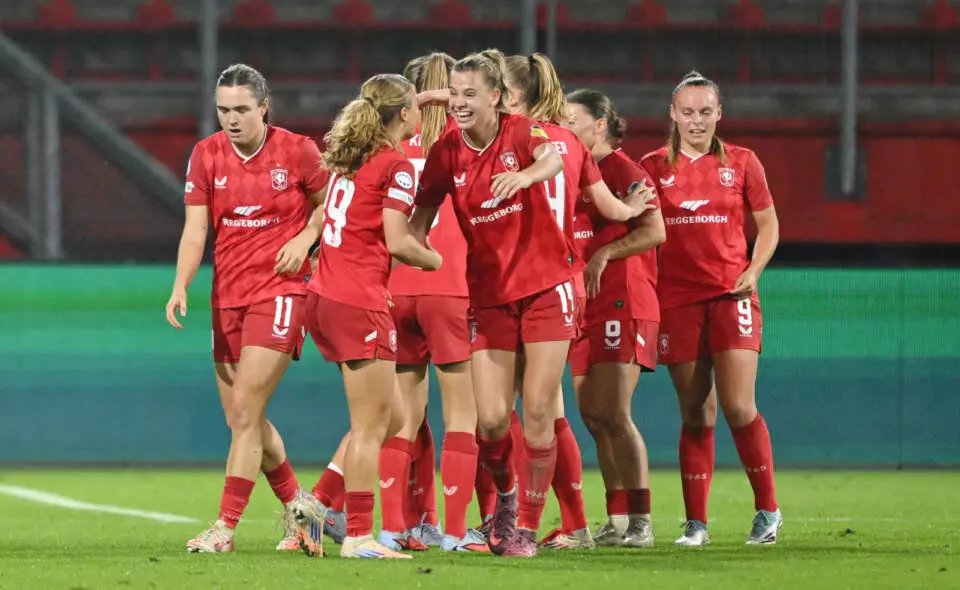 HENGELO, NETHERLANDS - OCTOBER 08: The FC Twente team celebrate their sides first goal during the UEFA Women's Champions League 2025/26 league phase match between FC Twente and Chelsea FC Women at De Grolsch Veste on October 08, 2025 in Hengelo, Netherlands. (Photo by Teresa Kröger - UEFA/UEFA via Getty Images)