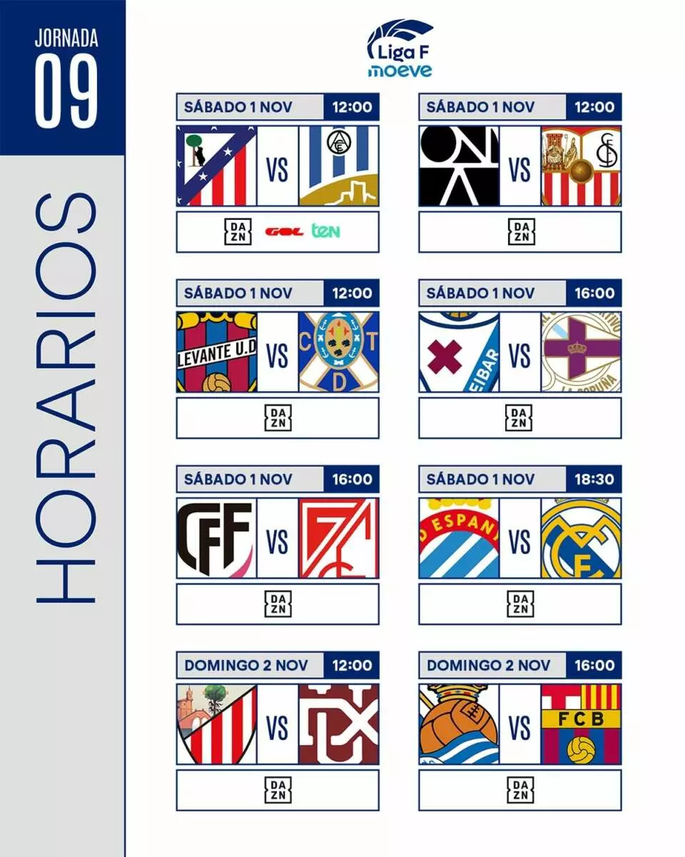 Horarios de la jornada 9 de la Liga F. Foto: @LigaF_oficial. 