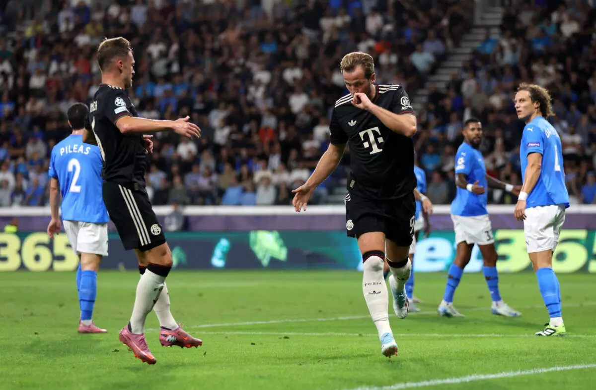 LIMASSOL, CYPRUS - SEPTEMBER 30: Harry Kane of Bayern Munich celebrates scoring his team's first goal during the UEFA Champions League 2025/26 League Phase MD2 match between Pafos FC and FC Bayern München at Limassol Stadium on September 30, 2025 in Limassol, Cyprus. (Photo by George Wood - UEFA/UEFA via Getty Images)