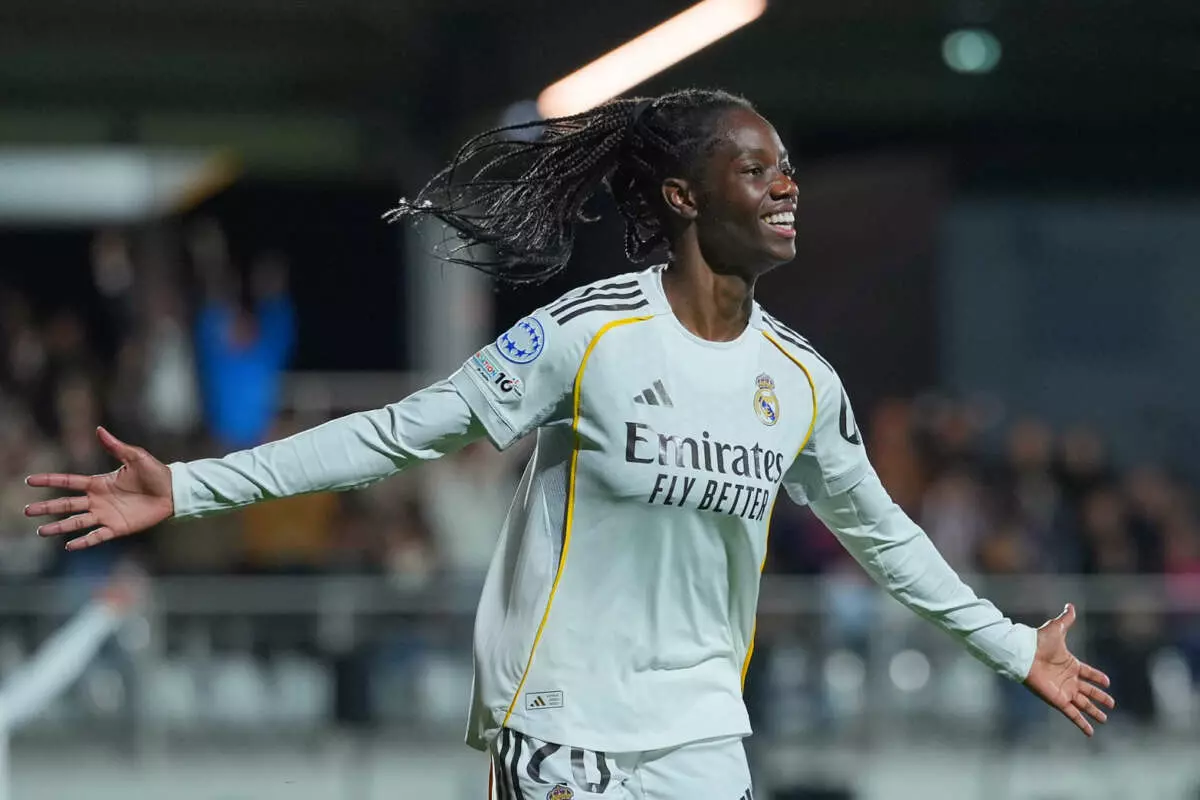 PARIS, FRANCE - OCTOBER 16: Naomie Feller of Real Madrid celebrates scoring her team's first goal during the UEFA Women's Champions League 2025/26 league phase match between Paris Saint-Germain and Real Madrid CFat on October 16, 2025 in Paris, France. (Photo by Franco Arland - UEFA/UEFA via Getty Images)