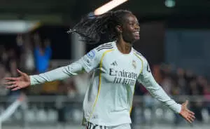 PARIS, FRANCE - OCTOBER 16: Naomie Feller of Real Madrid celebrates scoring her team's first goal during the UEFA Women's Champions League 2025/26 league phase match between Paris Saint-Germain and Real Madrid CFat on October 16, 2025 in Paris, France. (Photo by Franco Arland - UEFA/UEFA via Getty Images)