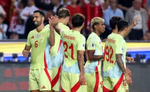 KONYA, TURKEY - SEPTEMBER 07: Mikel Merino of Spain celebrates scoring his team's third goal with teammate Mikel Oyarzabal during the FIFA World Cup 2026 qualifier match between Turkiye and Spainat Konya Metropolitan Municipality Stadium on September 07, 2025 in Konya, Turkey. (Photo by Ahmad Mora - UEFA/UEFA via Getty Images)