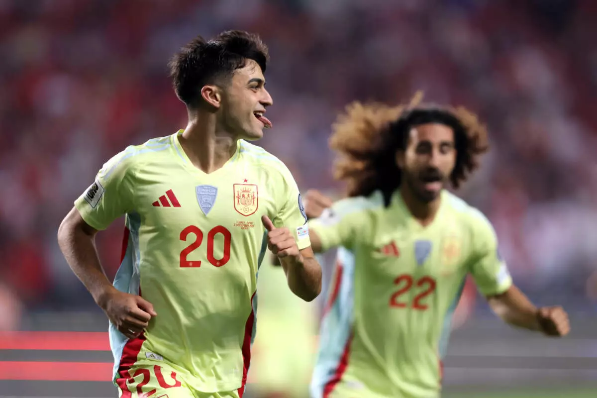 KONYA, TURKEY - SEPTEMBER 07: Pedri of Spain celebrates scoring his team's first goal during the FIFA World Cup 2026 qualifier match between Turkiye and Spainat Konya Metropolitan Municipality Stadium on September 07, 2025 in Konya, Turkey. (Photo by Ahmad Mora - UEFA/UEFA via Getty Images)