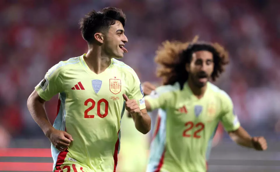 KONYA, TURKEY - SEPTEMBER 07: Pedri of Spain celebrates scoring his team's first goal during the FIFA World Cup 2026 qualifier match between Turkiye and Spainat Konya Metropolitan Municipality Stadium on September 07, 2025 in Konya, Turkey. (Photo by Ahmad Mora - UEFA/UEFA via Getty Images)