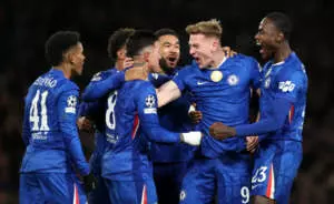 LONDON, ENGLAND - NOVEMBER 25: Liam Delap of Chelsea celebrates scoring his team's third goal with teammates during the UEFA Champions League 2025/26 League Phase MD5 match between Chelsea FC and FC Barcelona at Stamford Bridge on November 25, 2025 in London, England. (Photo by Jan Kruger - UEFA/UEFA via Getty Images)