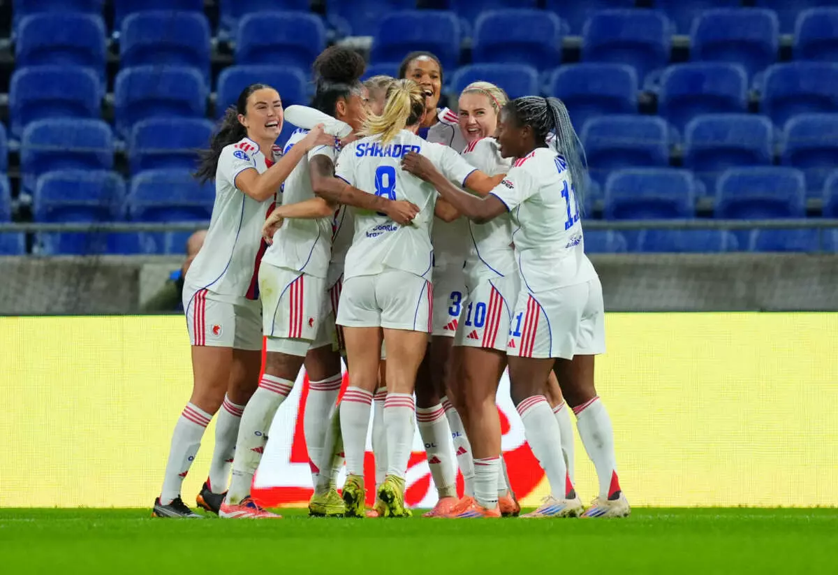 DECINES-CHARPIEU, FRANCE - NOVEMBER 11: Ada Hegerberg of OL Lyonnes celebrates scoring her team's second goal with teammates during the UEFA Women's Champions League 2025/26 League Phase MD3 match between OL Lyonnes and VfL Wolfsburg at OL Stadium on November 11, 2025 in Decines-Charpieu, France. (Photo by Franco Arland - UEFA/UEFA via Getty Images)