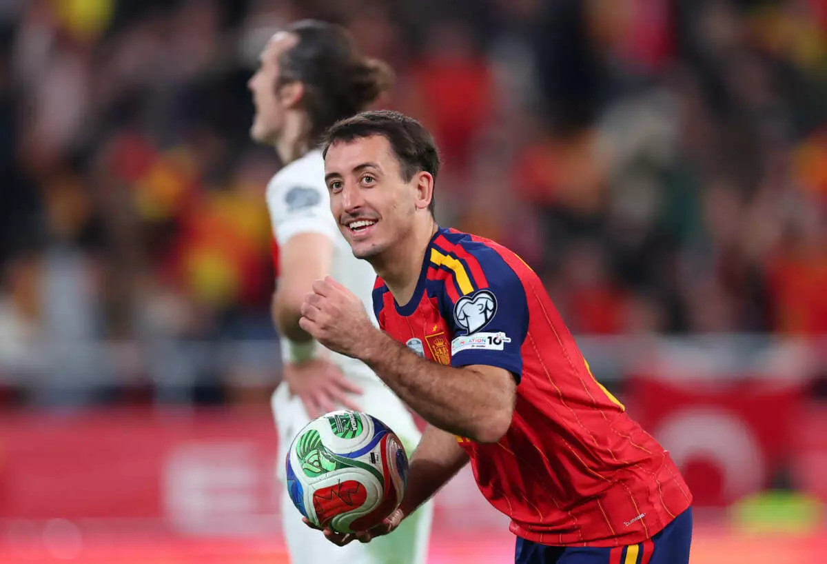 SEVILLE, SPAIN - NOVEMBER 18: Mikel Oyarzabal of Spain celebrates scoring his team's second goal during the FIFA World Cup 2026 qualifier match between Spain and Türkiye at Estadio de La Cartuja on November 18, 2025 in Seville, Spain. (Photo by Fran Santiago - UEFA/UEFA via Getty Images)