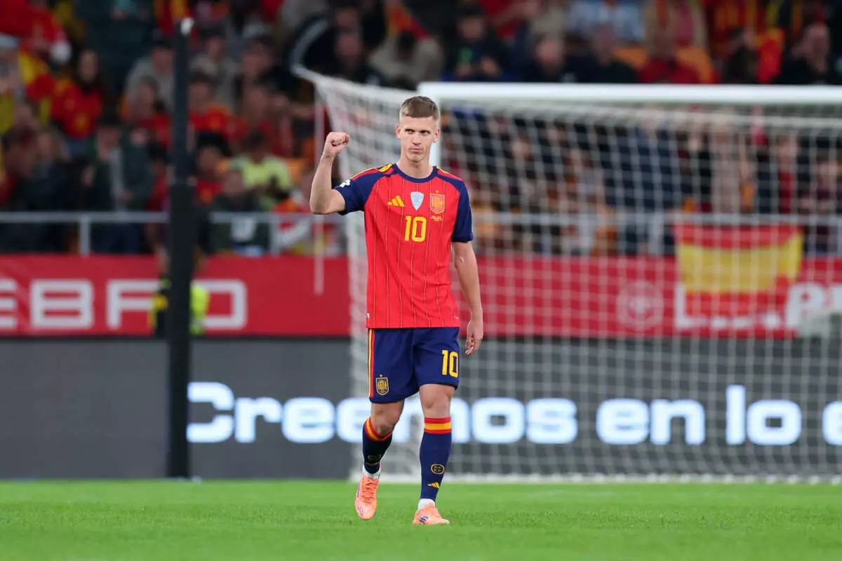 SEVILLE, SPAIN - NOVEMBER 18: Dani Olmo of Spain celebrates scoring his team's first goal during the FIFA World Cup 2026 qualifier match between Spain and Türkiye at Estadio de La Cartuja on November 18, 2025 in Seville, Spain. (Photo by Fran Santiago - UEFA/UEFA via Getty Images)