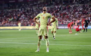KONYA, TURKEY - SEPTEMBER 07: Mikel Merino of Spain celebrates scoring his team's fifth goal during the FIFA World Cup 2026 qualifier match between Turkiye and Spain at Konya Metropolitan Municipality Stadium on September 07, 2025 in Konya, Turkey. (Photo by Ahmad Mora - UEFA/UEFA via Getty Images)