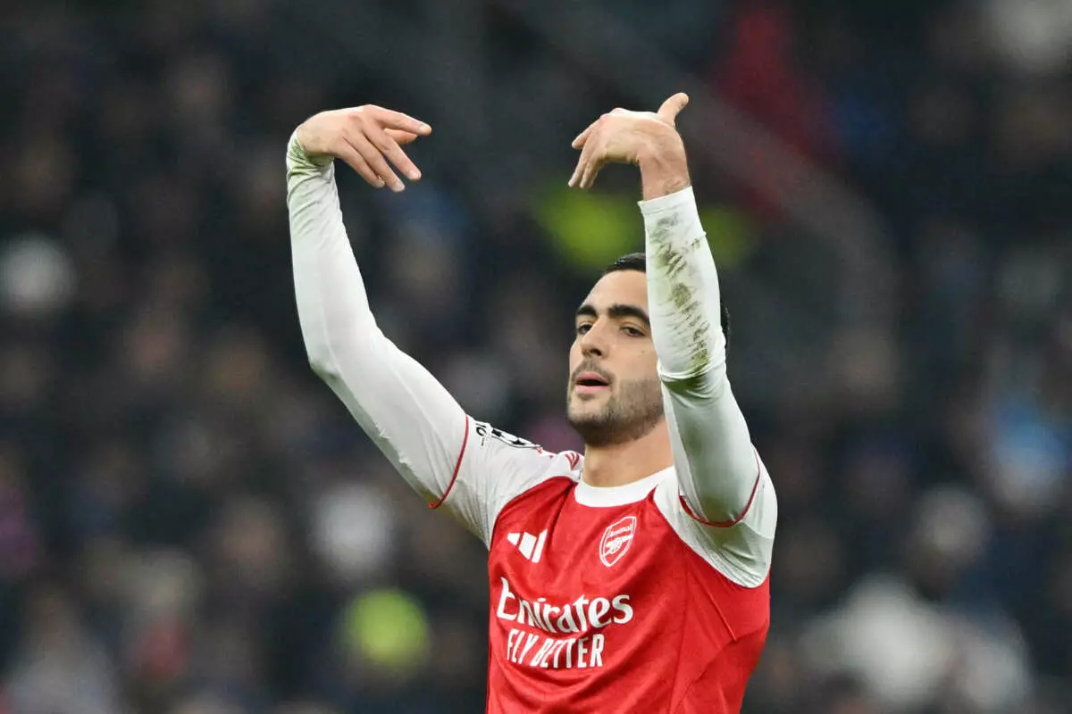 MILAN, ITALY - JANUARY 20: Mikel Merino of Arsenal gestures during the UEFA Champions League 2025/26 League Phase MD7 match between FC Internazionale Milano and Arsenal FC at Stadio San Siro on January 20, 2026 in Milan, Italy. (Photo by Chris Ricco - UEFA/UEFA via Getty Images)