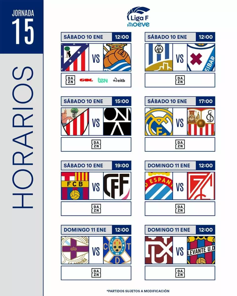 Horarios de la jornada 15 de la Liga F. Foto: @LigaF_oficial.