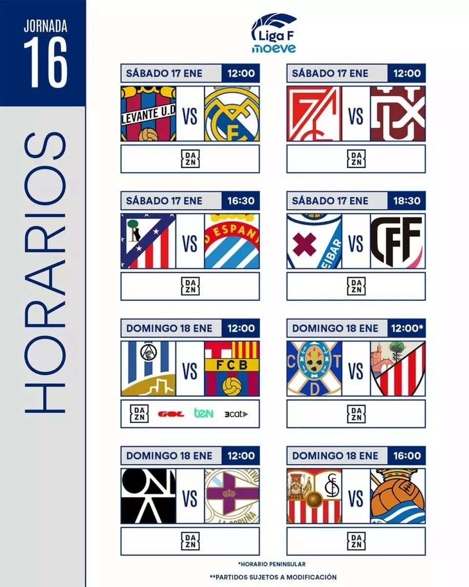 Horarios de la jornada 16 de la Liga F. Foto: @LigaF_oficial.